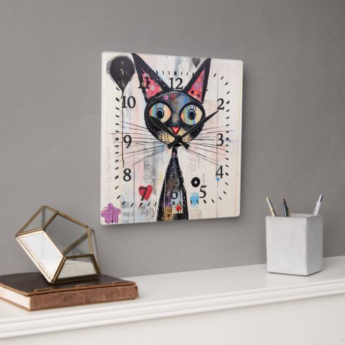  Abstract Wide Eyed Colorful Cat Square Wall Clock
