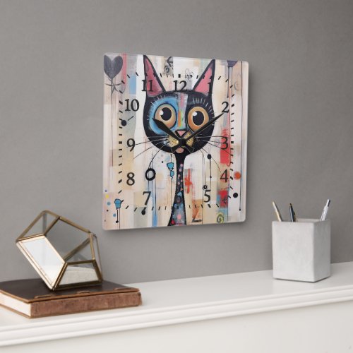  Abstract Wide Eyed Happy Cat Square Wall Clock