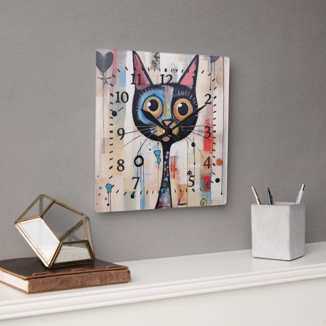  Abstract Wide Eyed Happy Cat Square Wall Clock (Office)