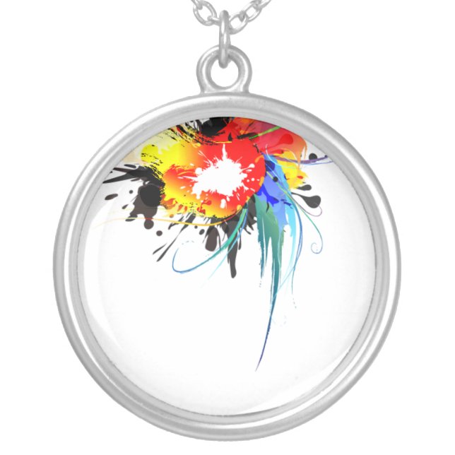 Abstract Wild Parrot Paint Splatters Silver Plated Necklace (Front)