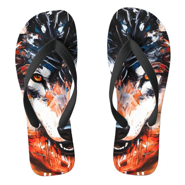 Abstract Wild Spirit Wolf Flip Flops (Footbed)