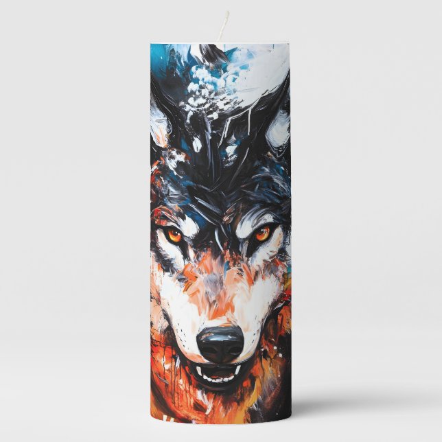 Abstract Wild Spirit Wolf Pillar Candle (Front)