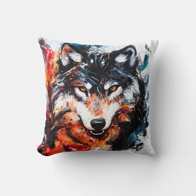 Abstract Wild Spirit Wolf Throw Pillow (Front)