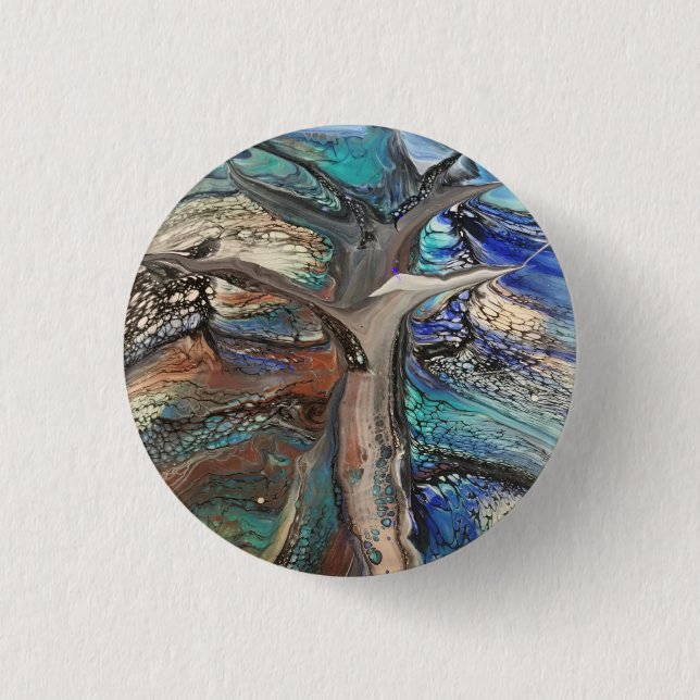 Abstract wild tree blues and greens button (Front)
