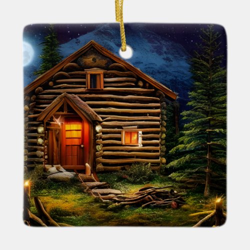 Abstract Wilderness Little Cabin Ceramic Ornament