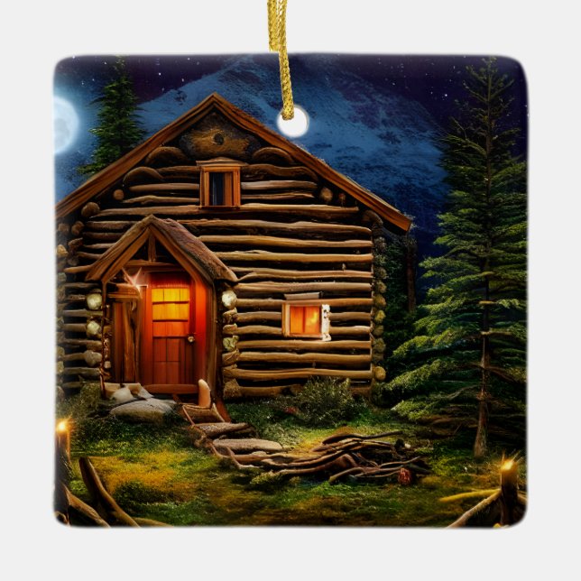 Abstract Wilderness Little Cabin Ceramic Ornament (Front)