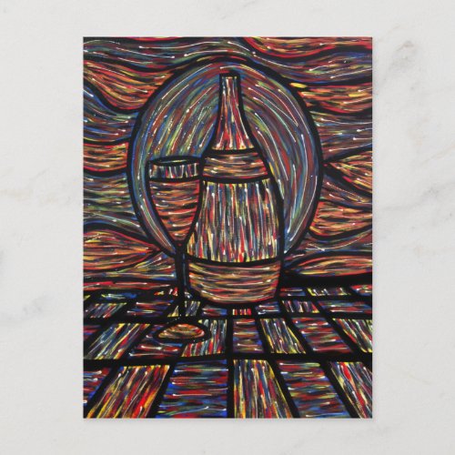 Abstract Wine Bottle & Wine Glass Art Postcard