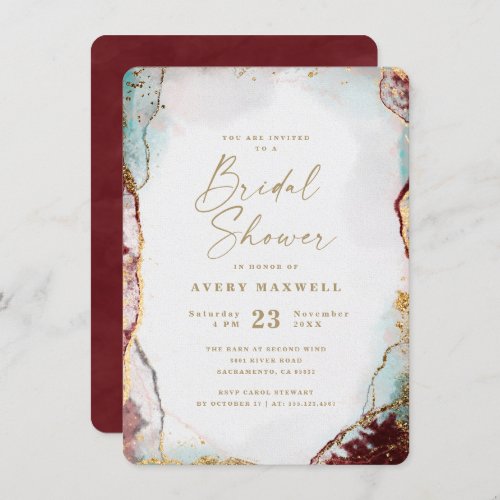 Abstract Wine Red Aqua  Gold Winter Bridal Shower Invitation