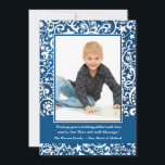 Abstract Winter Stars and Swirls Photo Card<br><div class="desc">A striking white on blue pattern featuring swirls, dots and stars. Beautiful as a holiday card or winter invitation to a birthday party. The card is easy to customize with your wording, font, font color and choice of six paper types. Not exactly what you're looking for? All our products can...</div>