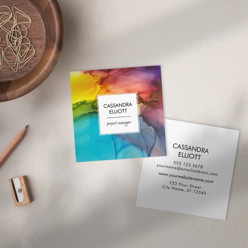 Abstract Wispy Colorful Alcohol Ink Liquid Art Square Business Card