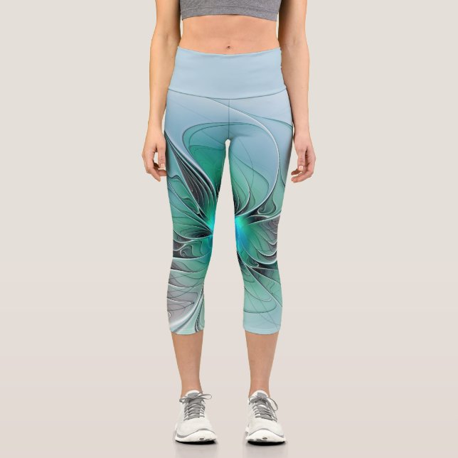 Abstract With Blue, Modern Fractal Art Capri Leggings (Front)