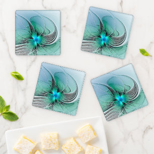 Abstract With Blue, Modern Fractal Art Coaster Set