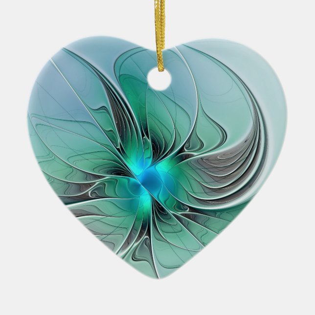 Abstract With Blue, Modern Fractal Art Heart Ceramic Ornament (Front)