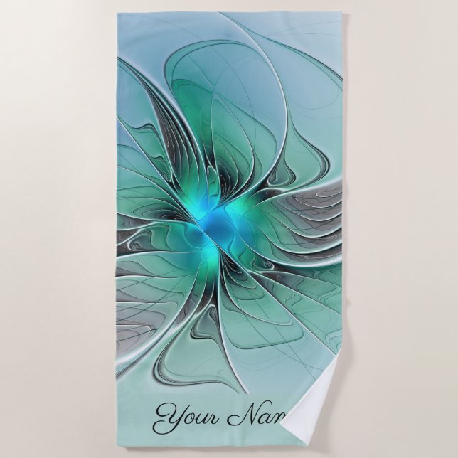 Abstract With Blue, Modern Fractal Art Name Beach Towel (Front)