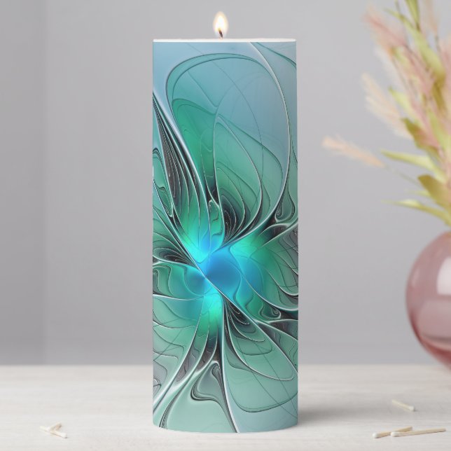Abstract With Blue, Modern Fractal Art Pillar Candle (In Situ)