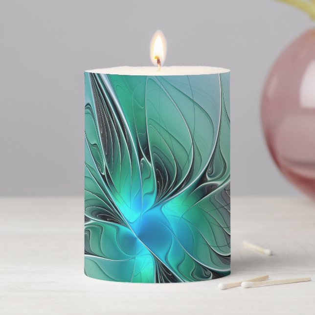 Abstract With Blue, Modern Fractal Art Pillar Candle (In Situ)