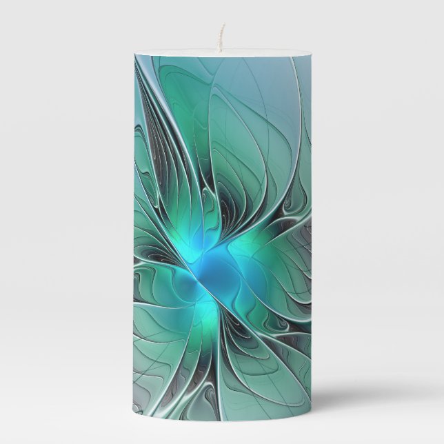 Abstract With Blue, Modern Fractal Art Pillar Candle (Front)