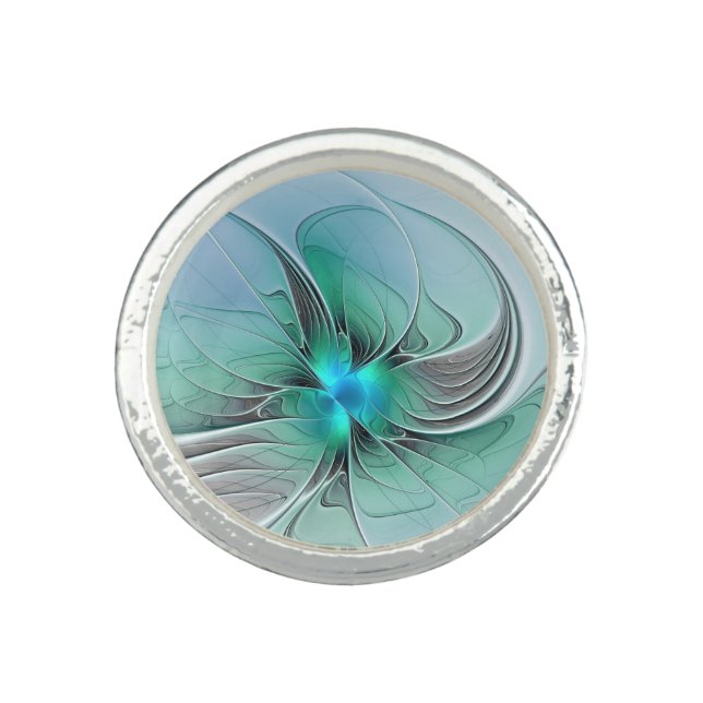 Abstract With Blue, Modern Fractal Art Ring (Front)
