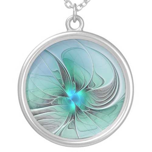 Abstract With Blue Modern Fractal Art Silver Plated Necklace