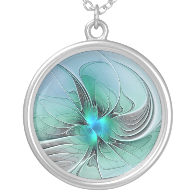 Abstract With Blue, Modern Fractal Art Silver Plated Necklace (Front)