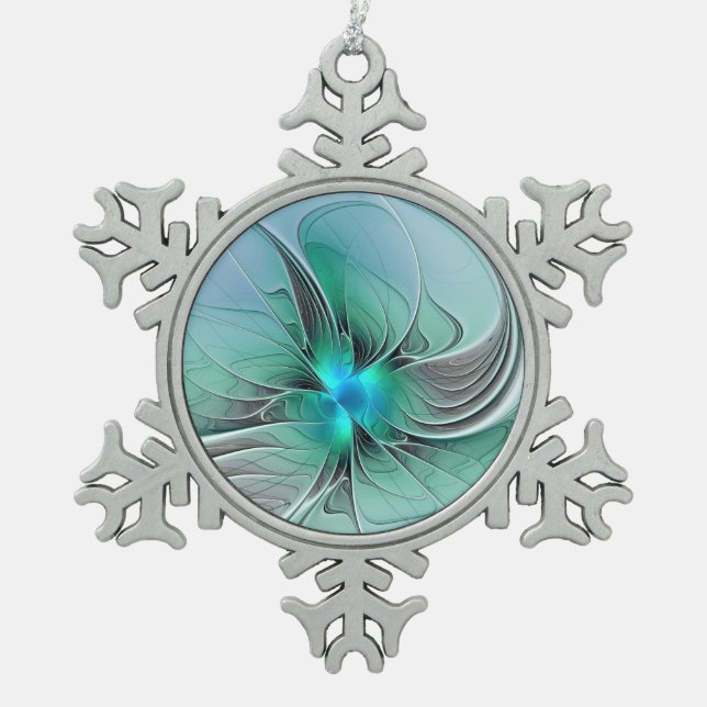 Abstract With Blue, Modern Fractal Art Snowflake Pewter Christmas Ornament (Front)