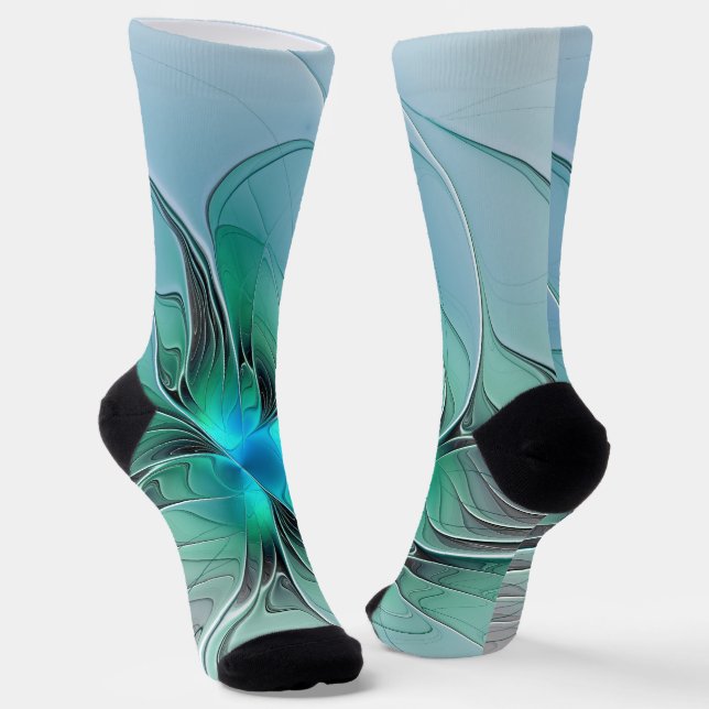 Abstract With Blue, Modern Fractal Art Socks (Angled)