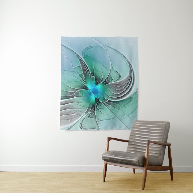 Abstract With Blue, Modern Fractal Art Tapestry (In Situ)