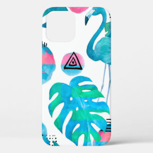 Abstract with watercolor flamingo and random eleme iPhone 12 case