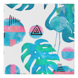 Abstract with watercolor flamingo and random eleme faux canvas print