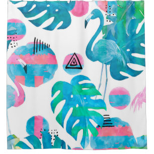 Abstract with watercolor flamingo and random eleme shower curtain