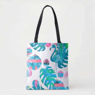 Abstract with watercolor flamingo and random eleme tote bag