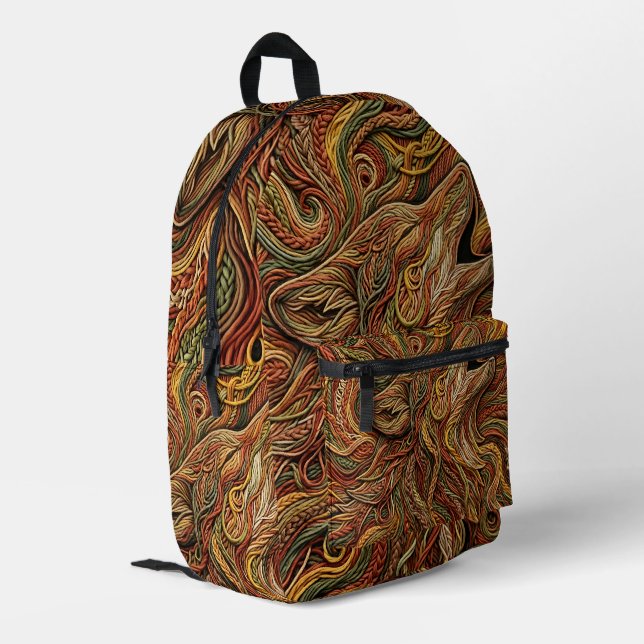 Abstract Wolf Head Earth Tone Thread Backpack (Back Corner Left)