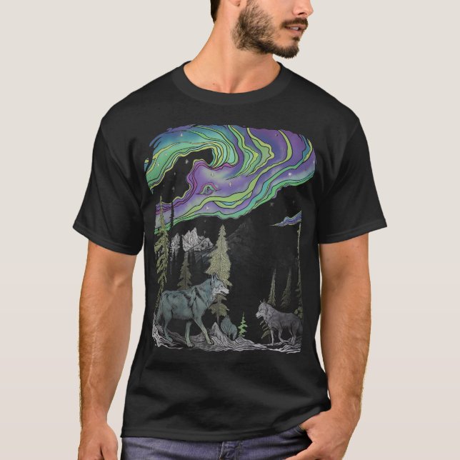 Abstract Wolves in Northern Lights Forest T-Shirt (Front)