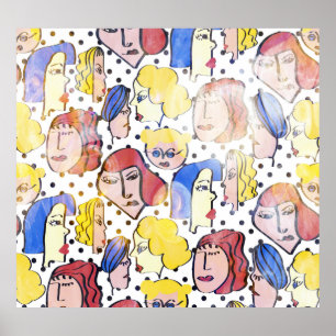 Abstract woman faces, watercolor polka dots. poster