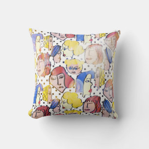 Abstract woman faces, watercolor polka dots. throw pillow