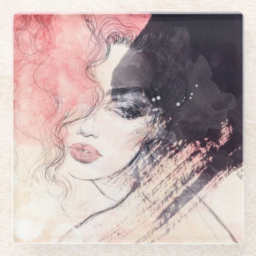 Abstract Woman Fashion Watercolor Painting Glass Coaster