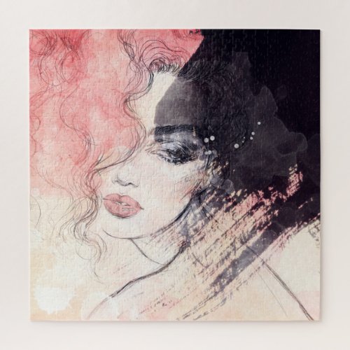 Abstract Woman Fashion Watercolor Painting Jigsaw Puzzle