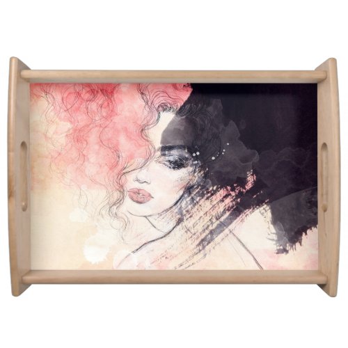 Abstract Woman Fashion Watercolor Painting Serving Tray