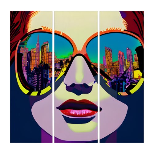 Abstract Woman in Sunglasses with City Reflection  Triptych