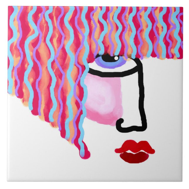 Abstract Woman's Face Ceramic Tile (Front)
