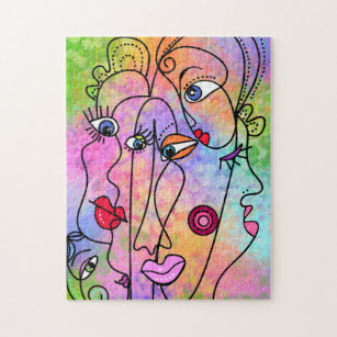 Abstract Women Faces Moods - Cubism Style Drawing Jigsaw Puzzle