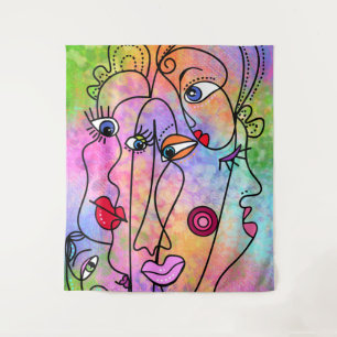 Abstract Women Faces Moods - Cubism Style Drawing Tapestry