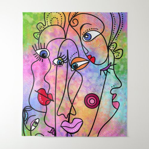 Abstract Women Faces Moods _ Cubism Style Drawing  Tapestry
