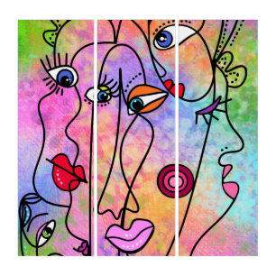Abstract Women Faces Moods - Cubism Style Drawing Triptych