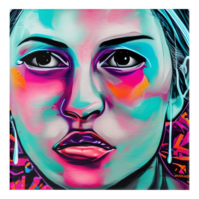 Abstract Women's Face and Tear | Teal and Pink Art (Front)