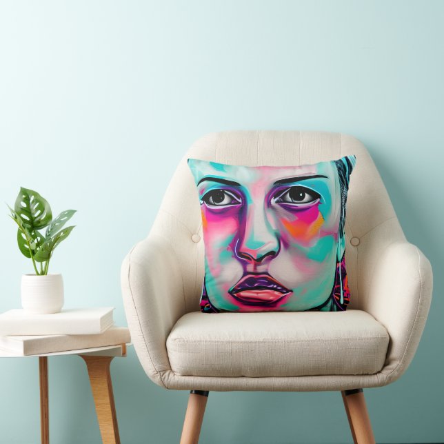 Abstract Women's Face Teal and Pink Art Throw Pillow (Chair)
