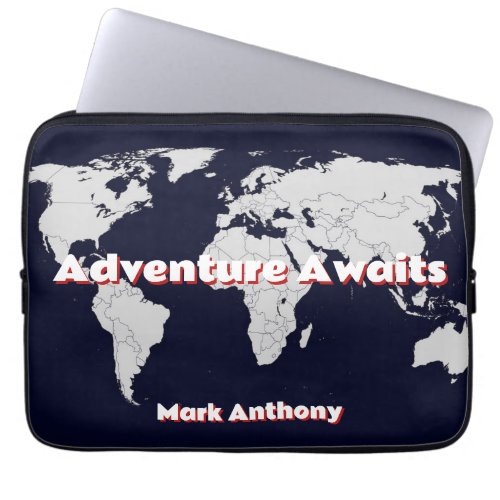 Abstract World Map ADVENTURE AWAITS Quote Custom Laptop Sleeve