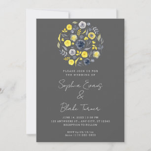 Abstract Yellow and Blue Bouquet Gray Wedding Invitation