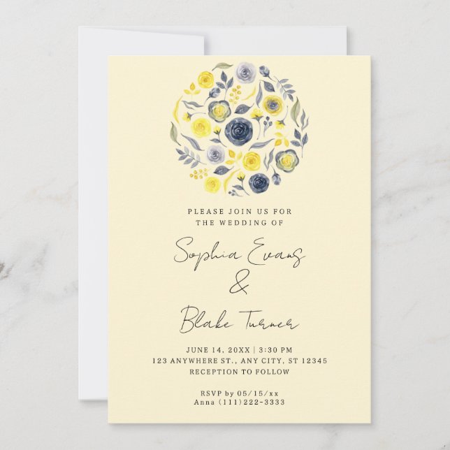 Abstract Yellow and Blue Bouquet Yellow Wedding Invitation (Front)