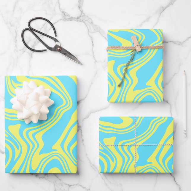 Abstract Yellow and Blue Swirling Waves  Wrapping Paper Sheets (Front)